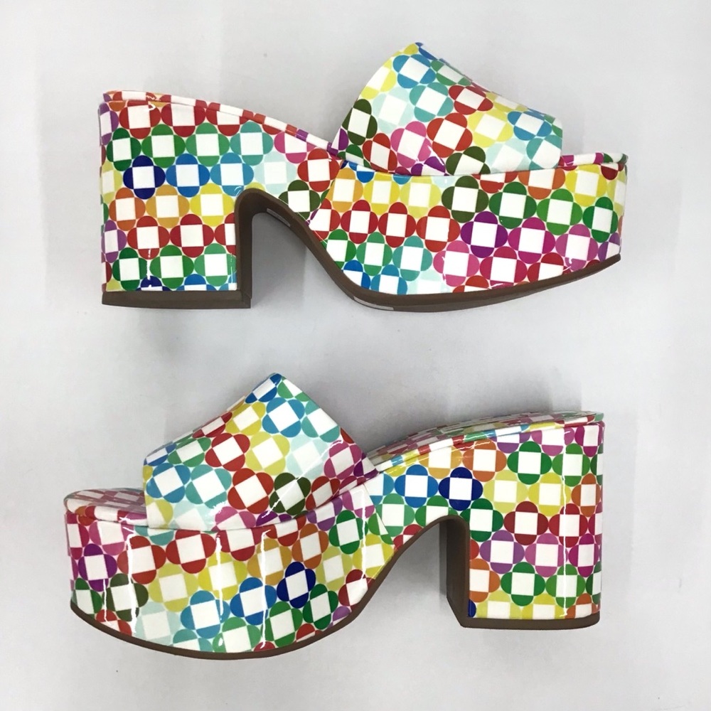 NWOB, Larroude Miso Daisy Monogram Platform Mules Rainbow Patent Leather, 8.5